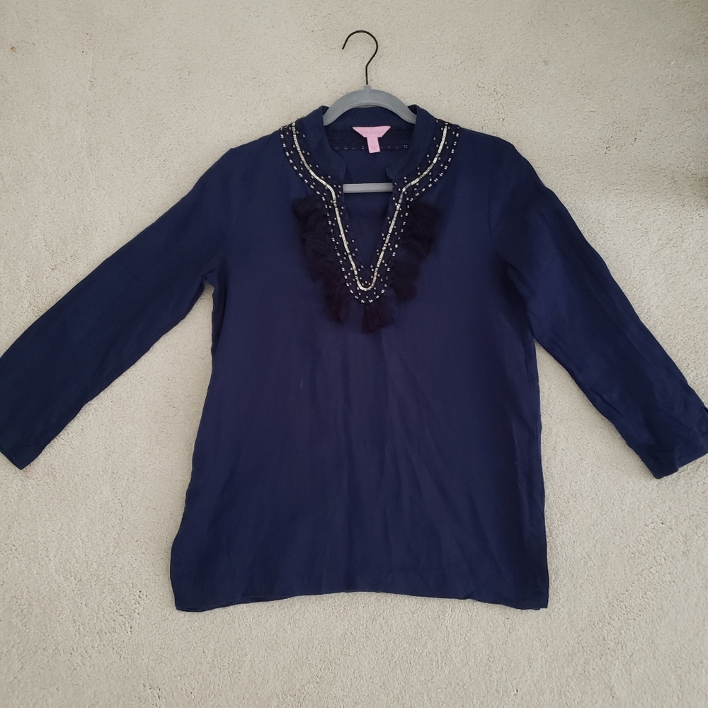 Lilly Pulitzer Amelia Island True Navy Tassel Tunic szS